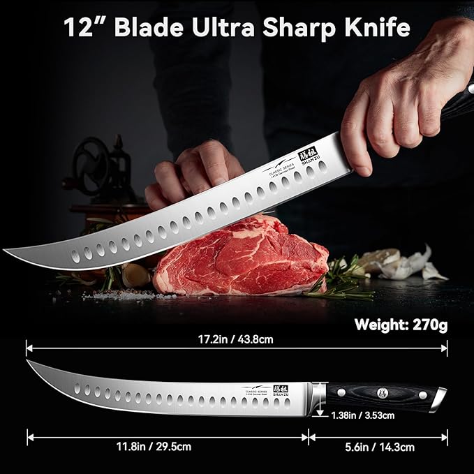 SHAN ZU 12" Slicing Knife - Brisket Slicing Meat Carving Knife Professional German 1.4116 Stainless Steel Razor Sharp Blade, Ergonomic Wood Handle & Full Tang Design, Gift Box Included