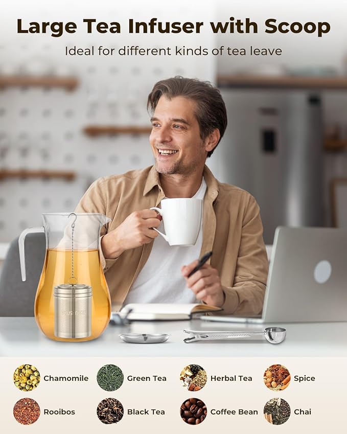 House Again Large Tea Infuser with Scoop, Extra Fine Mesh Tea Strainers for Loose Tea & Spice Infuser for Cooking, 304 Stainless Steel, Loose Leaf Tea Steeper for Brew Tea Spices & Seasonings