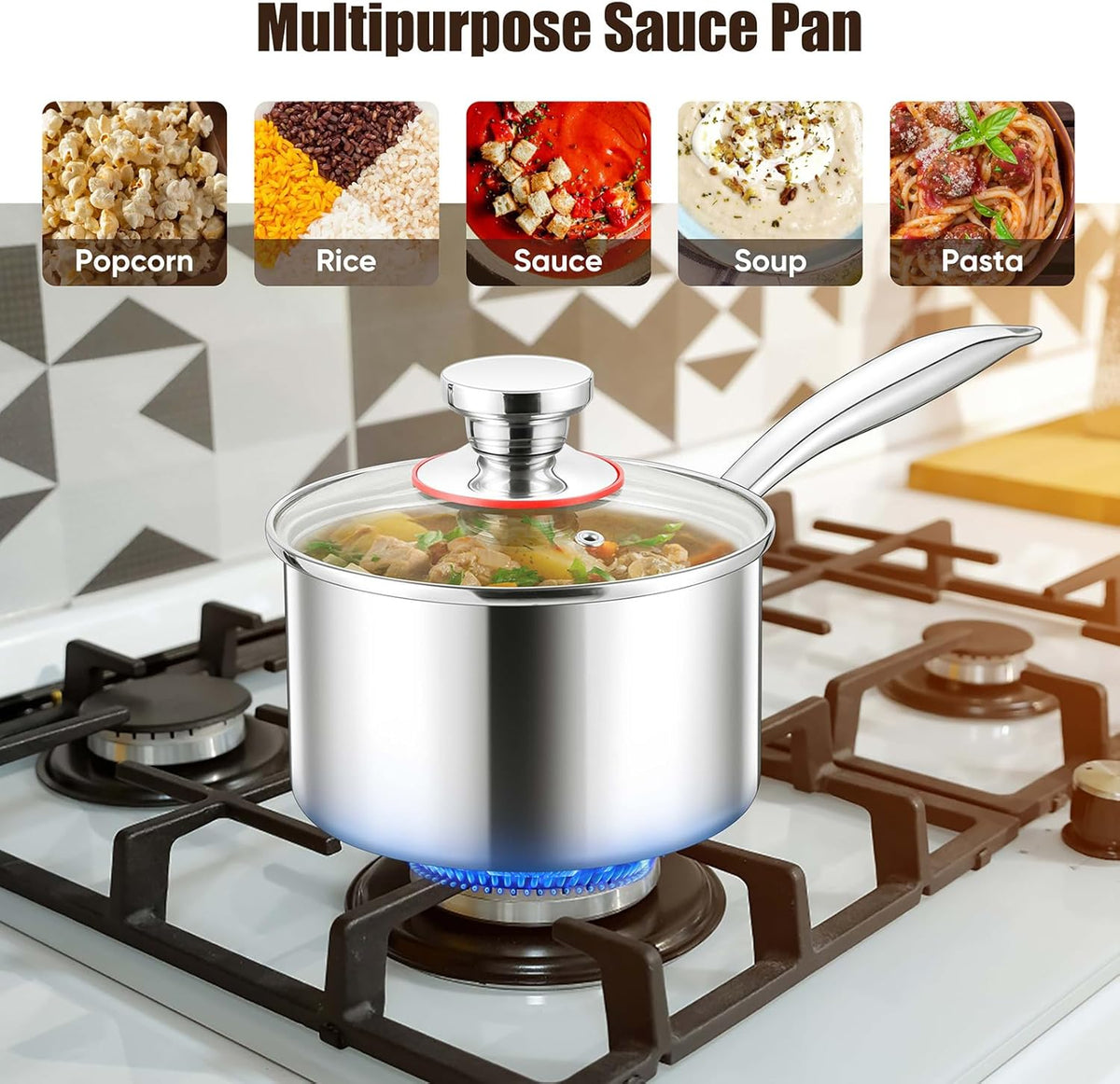 1/2/3QT Saucepan with Lid Set of 3, E-far 18/10 Stainless Steel Sauce Pan Pot Metal Triply Cookware for Kitchen Cooking Pasta Warming Milk Boiling Water, Induction Ready & Heavy Duty