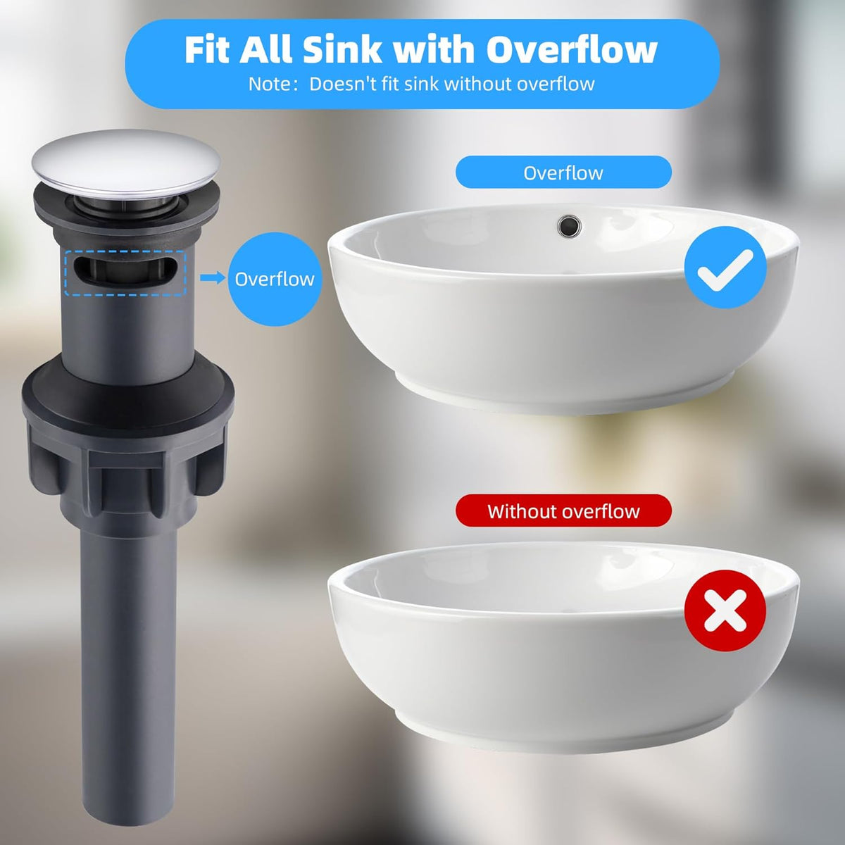 Hibbent 2 Pack Universal Bathroom Sink Drain Stopper, Pop Up Drain Strainer with Overflow, Push and Seal Sink Plug with Basket for Lavatory Vanity Vessel, Anti-Clogging Strainer, Chrome