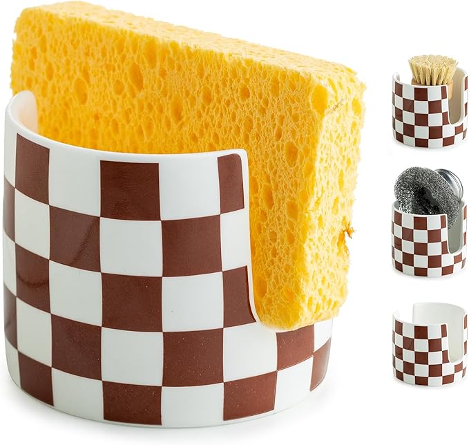Checkered Sponge Holder for Kitchen Sink, Ceramic Dish Sponge Drying Caddy Scrubby Holder Kitchen Organizer Cute Dish Rack for Sink Counter, Brown and White