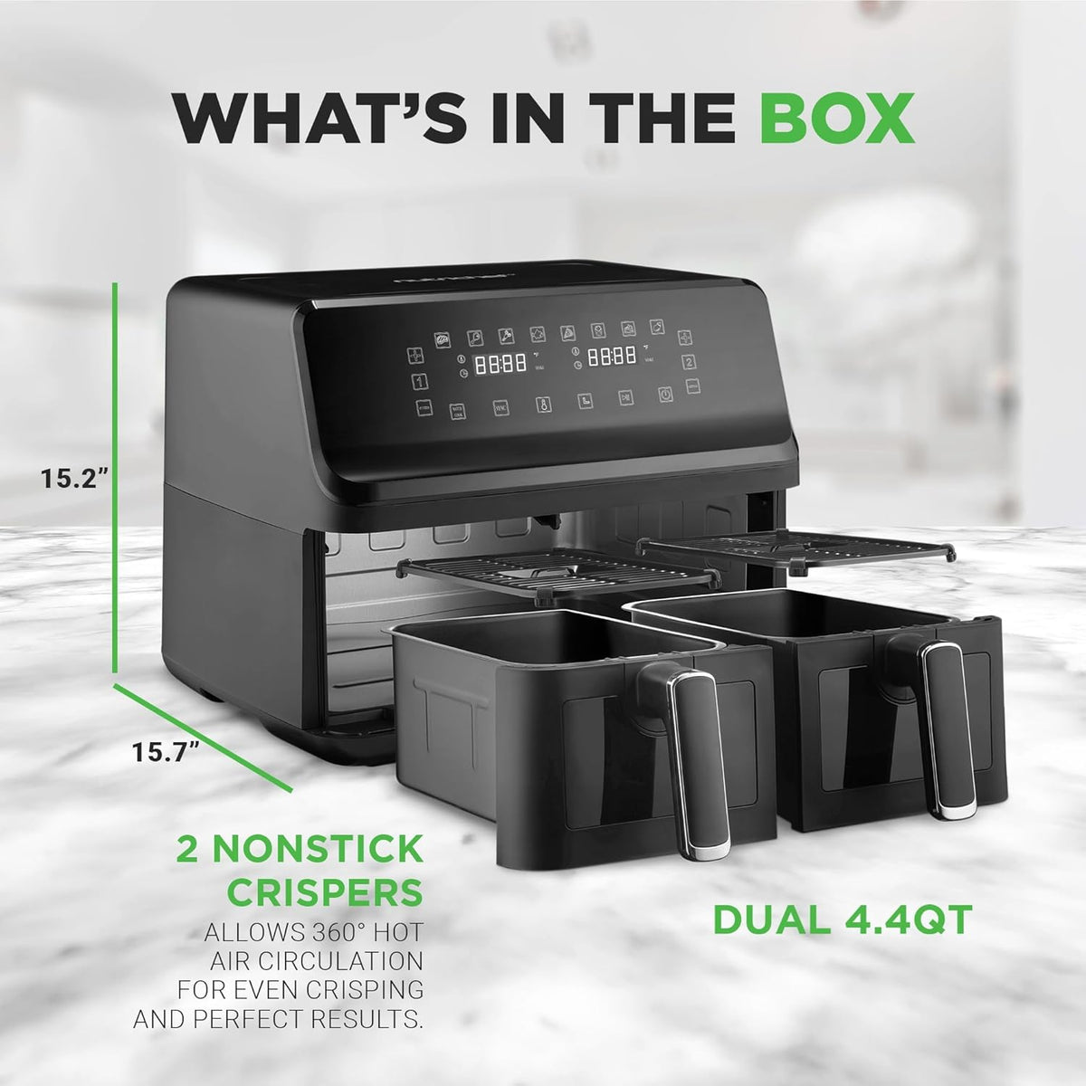Nutrichef Double Basket Air Fryer 8.8 QT | Family Size Oil Free Airfryer with Transparent Window | 9-1 Preset Cooking Options | 360° Hot Air Circulation Technology | 4.4 QTs per Basket | Black