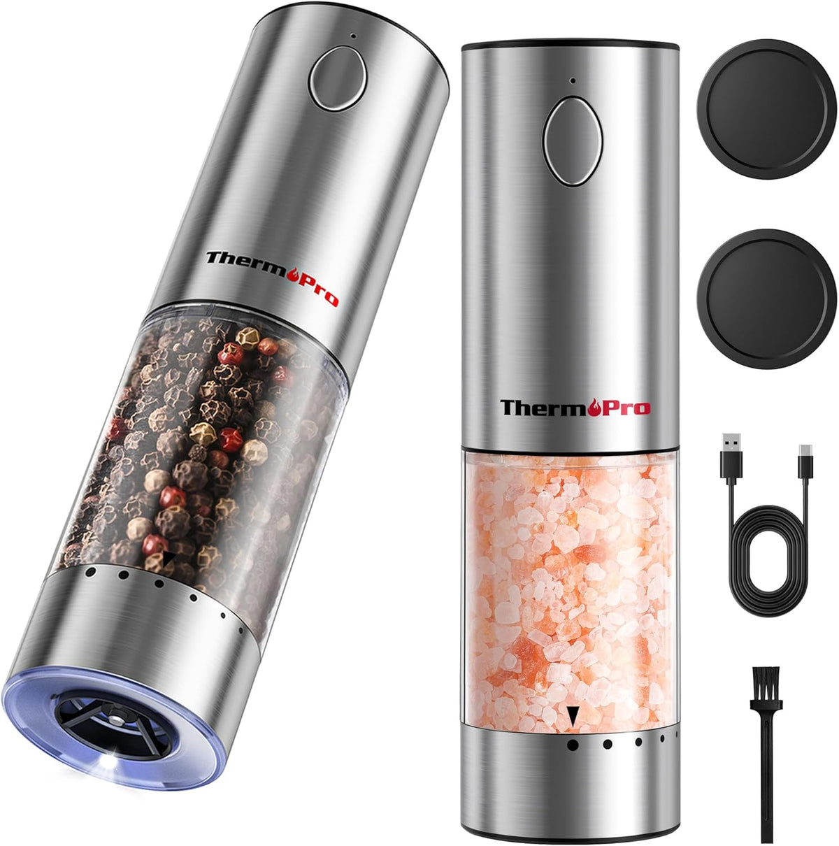 ThermoPro 110ml Electric Salt and Pepper Grinder Set Rechargeable, Automatic Pepper Grinder Shakers with External Adjustment, Refillable Pepper Mill Set with Dust Cover & LED, Stainless Steel 2-Pack