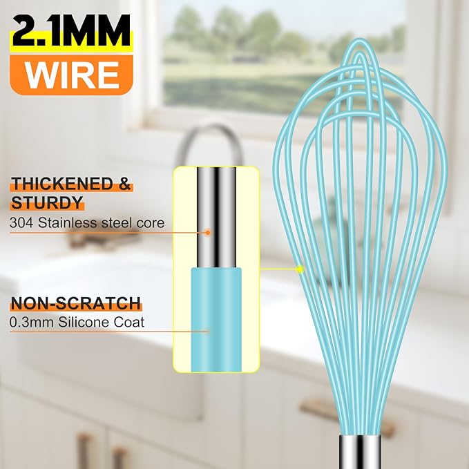 HOTEC 4 Pieces Silicone Whisks Set, Wire Balloon Whisks Egg Beater, Non-slip Handle Whisk for Non-stick Cookware Perfect for Cooking, Stirring, Beating and Blending (Blue)