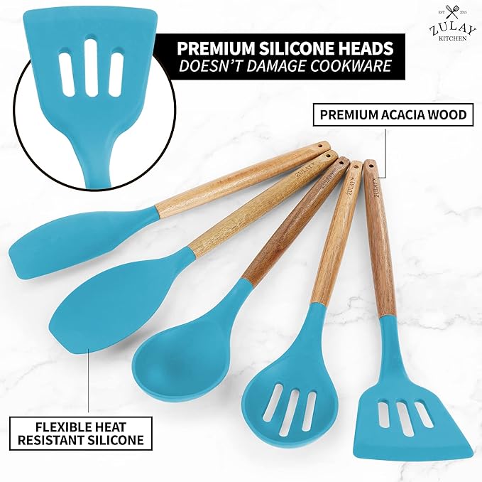 Zulay Kitchen Non-Stick Cooking Utensils Set with Authentic Acacia Wood Handles – 5-Piece Durable & Stylish Silicone Kitchen Utensils Set – Heat Resistant to 464°F – Blue