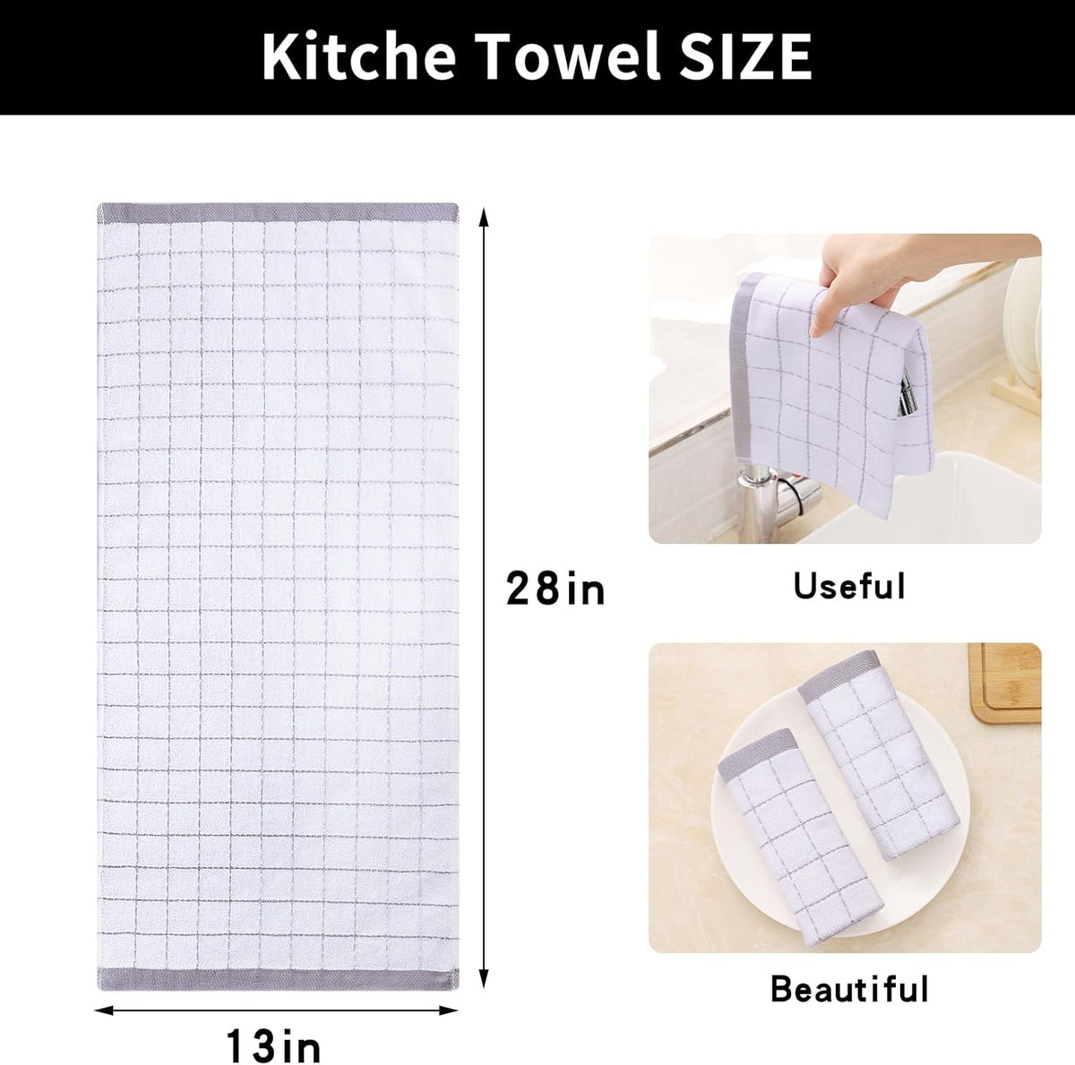 Homaxy 100% Cotton Terry Kitchen Towels(White, 13 x 28 inches), Checkered Designed, Soft and Super Absorbent Dish Towels, 6 Pack