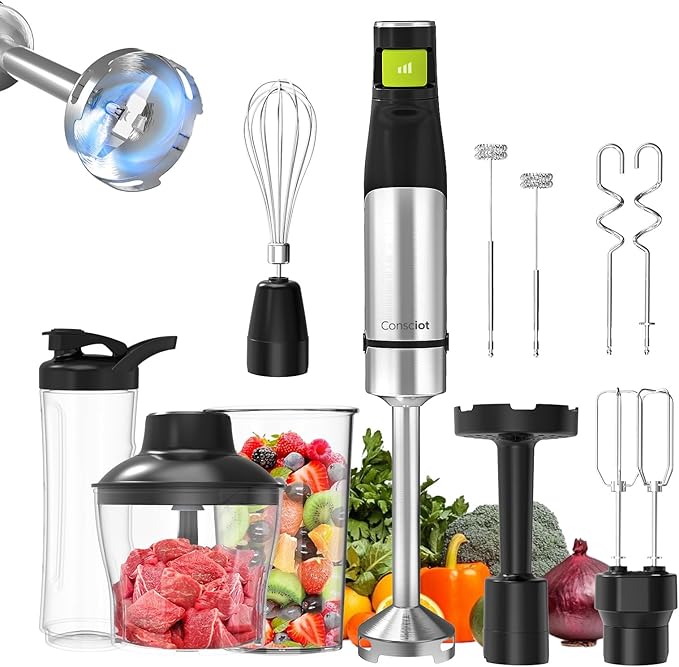 Consciot 10-in-1 Immersion Blender Handheld Max 1100W with Entire Stainless Steel Blender Shaft, Trigger Speed Control, 800ml Beaker, 600ml Chopper, Beaters, Frothers, Hooks, Masher, Whisk & 600ml Cup