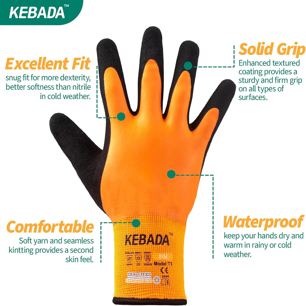 Kebada T1 Waterproof Winter Work Gloves for Men and Women,Insulated Work Gloves for Men Cold Weather,Warm Freezer Gloves Large
