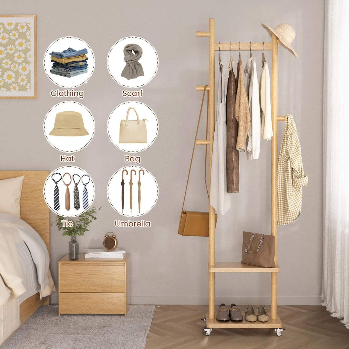 Solid Wood Coat Rack Freestanding Clothing Rack with Wheels & 2 Shelves Storage & 5 Hooks Heavy Duty Clothes Rack Wood Coat Tree Stand Hat Hanger Rack for Corner Bedroom Entryway Living Room Hotel