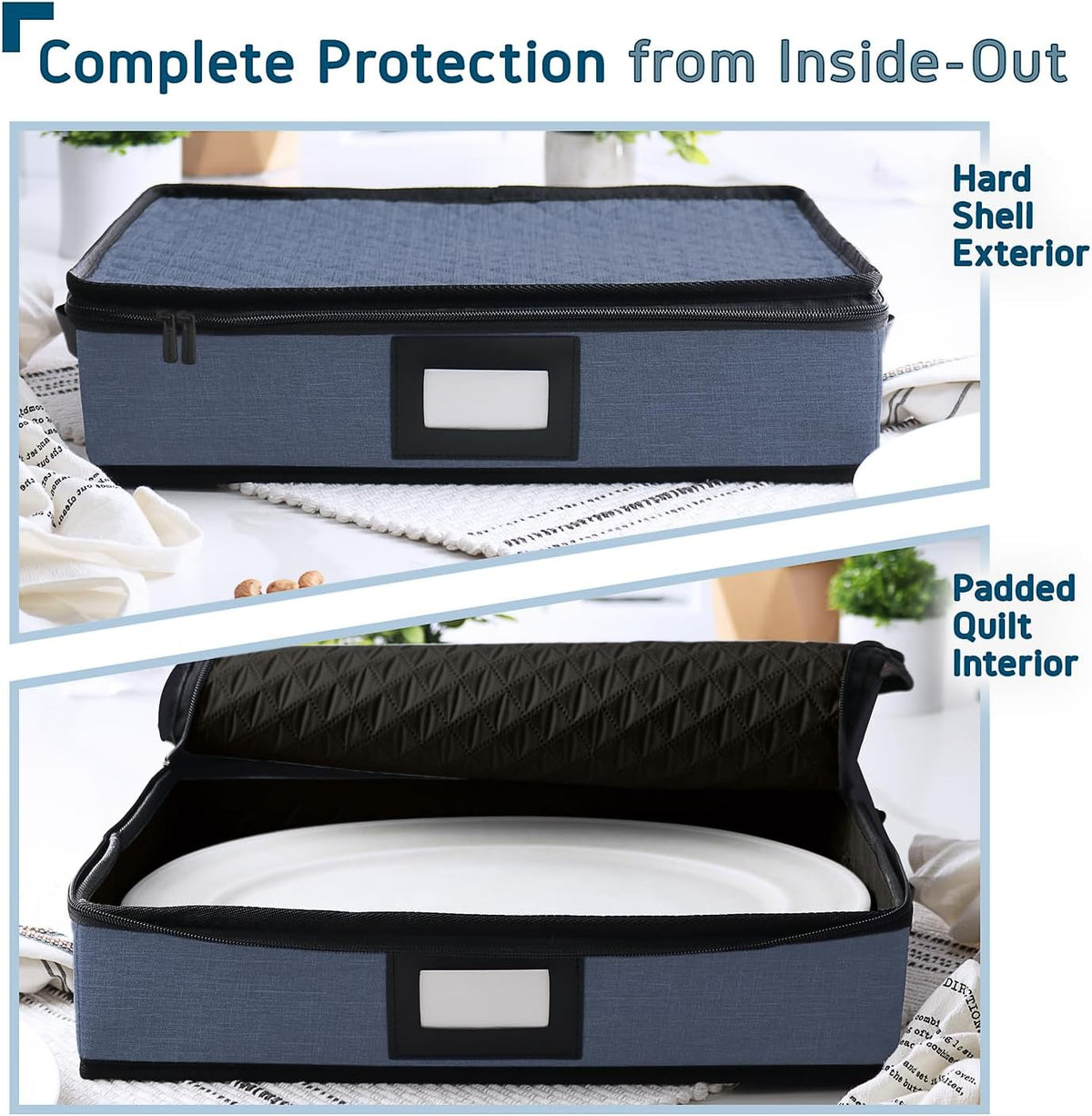 Platter Storage Case – Fine China Storage Containers Hard Shell, Quilted and Stackable 16”x 12.5”x 3.5” Platter Storage Container with Handles and Felt Dividers for Moving and Seasonal Storage, Blue