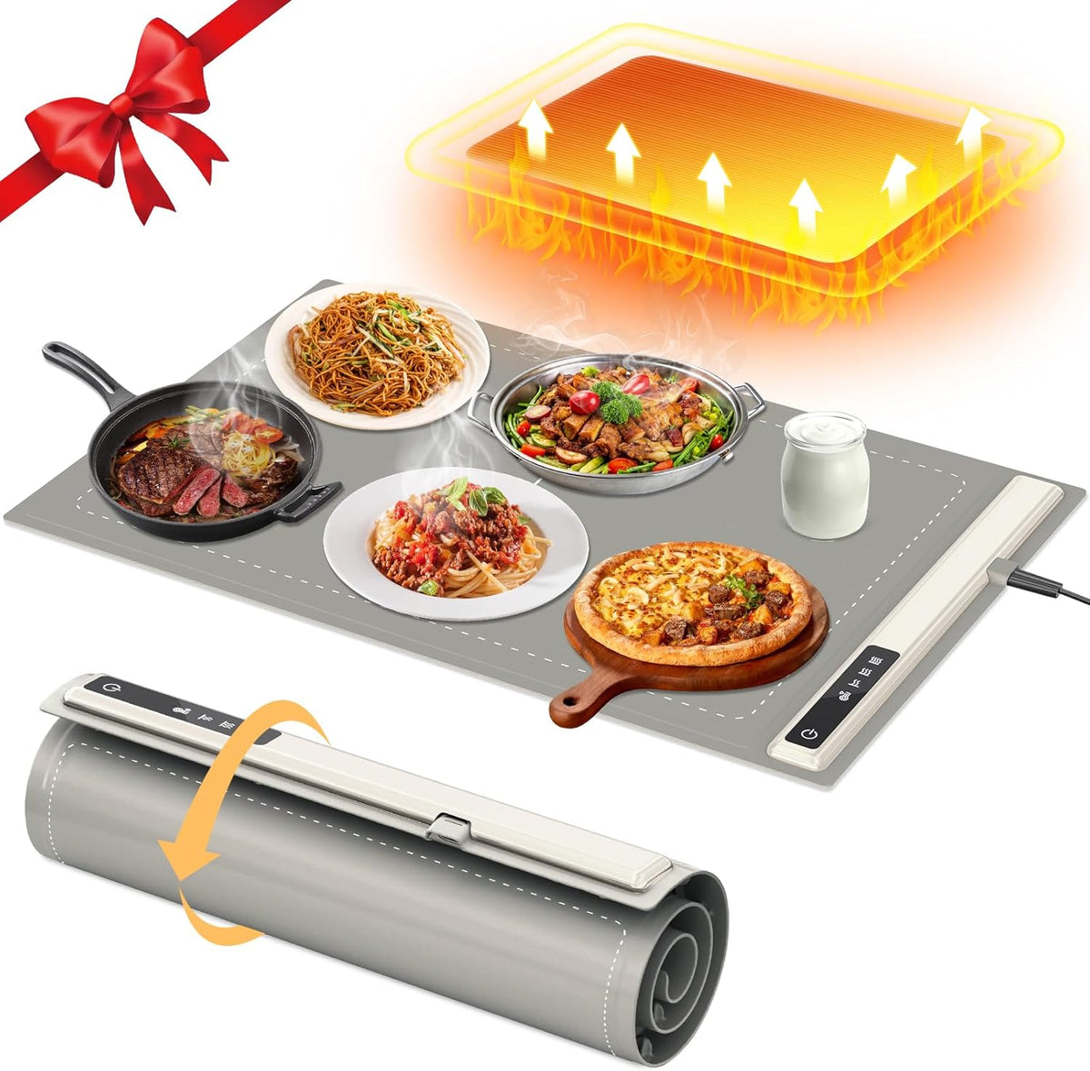 Electric Warming Tray with Adjustable Temperature-Portable Warming Mat for Food,Roll Up Silicone Food Warmer for Parties with 3 Temperature Settings,Versatile Food Warmers for Parties Buffet (Grey)