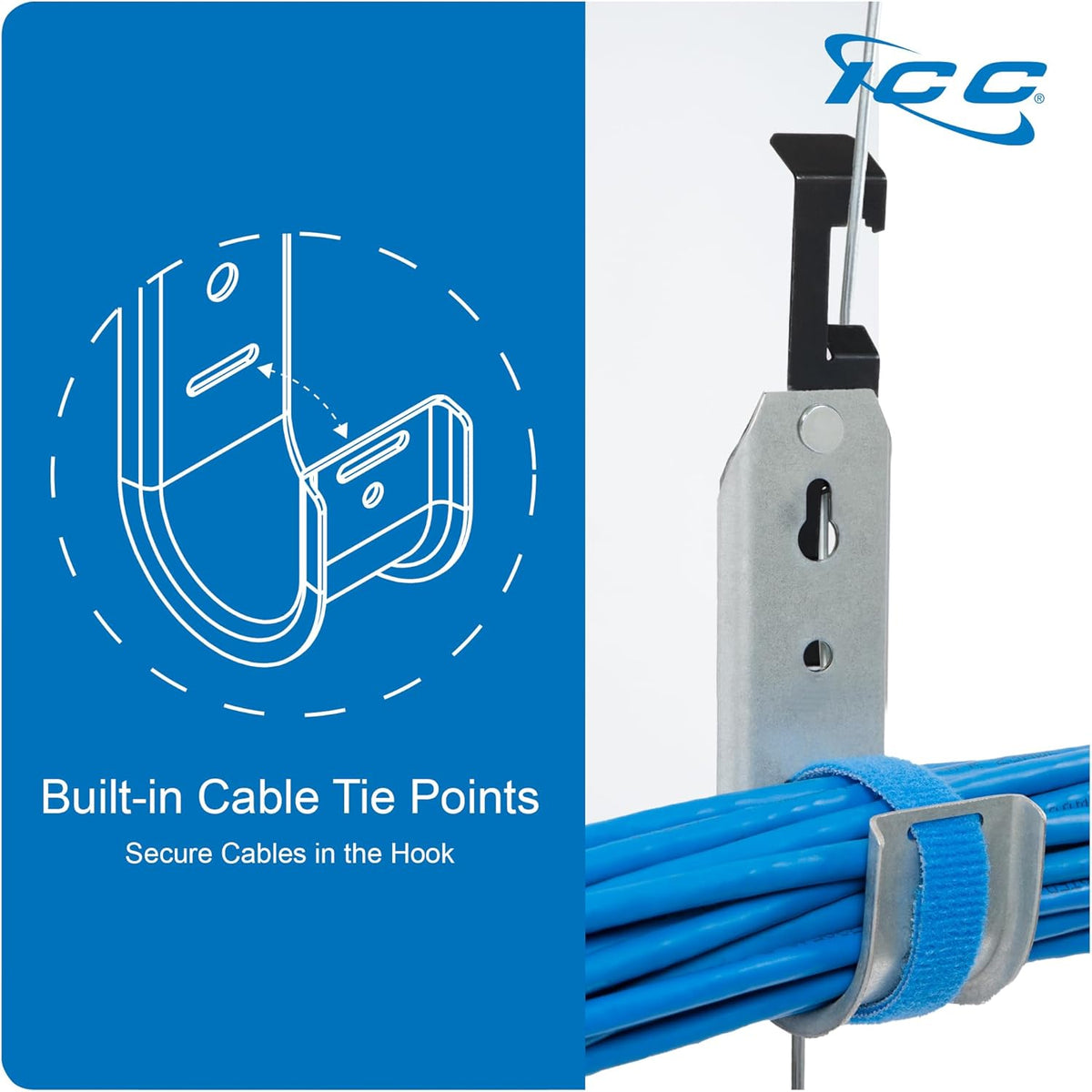 ICC Batwing J Hook 4” with Retainer Clip - Galvanized Steel Cable Management Hooks for Hanging Cable to Hanger Wire and Threaded Rod - Rust-Resistant, EIA and TIA Compliant - 4 Inch 25 Pack