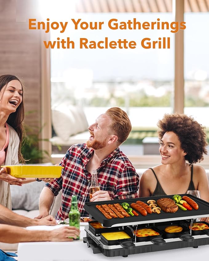 HBN Electric Raclette Table Grill with 8 Warming Trays, 2-in-1 Korean BBQ Grill & Electric Griddle Nonstick, Adjustable Temperature Control,1300W, Great for Indoor Family Gatherings, Parties & Dining