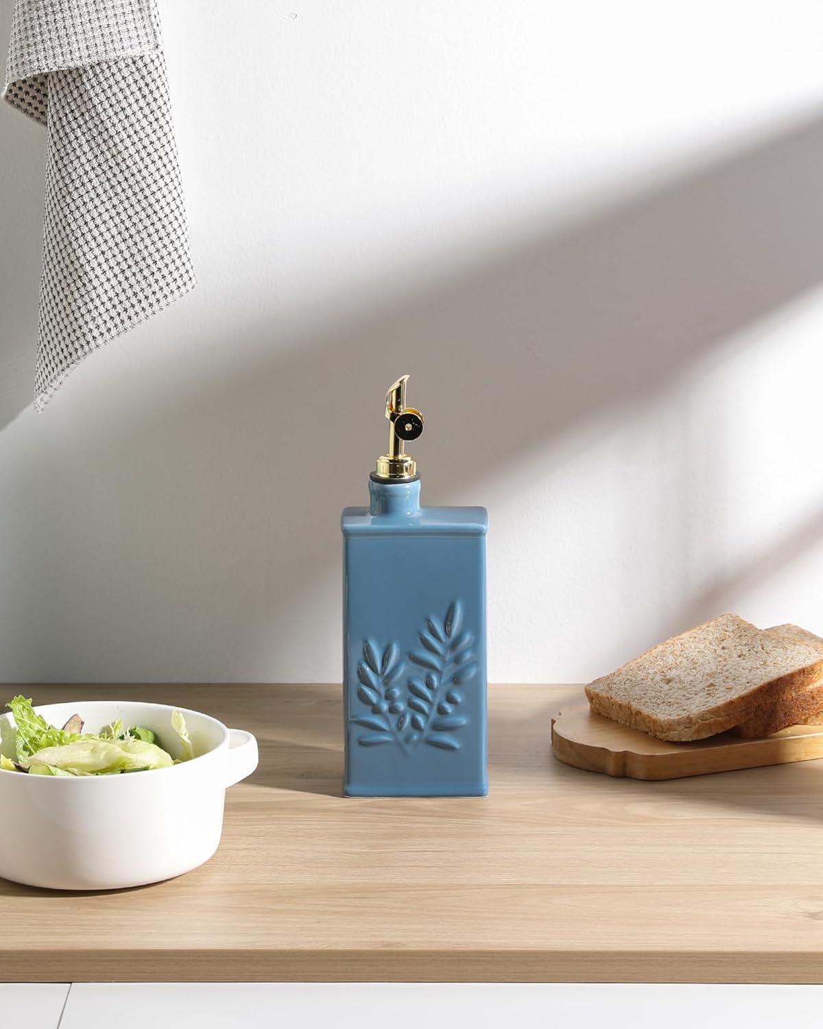 Sweejar Ceramic Olive Oil Dispenser Bottle for Kitchen, 17 Oz Relief Opaque Oil and Vinegar Dispenser Bottle with Spout, Suitable for Soy Sauce, Coffee Syrup, Liquids (Fogblue)