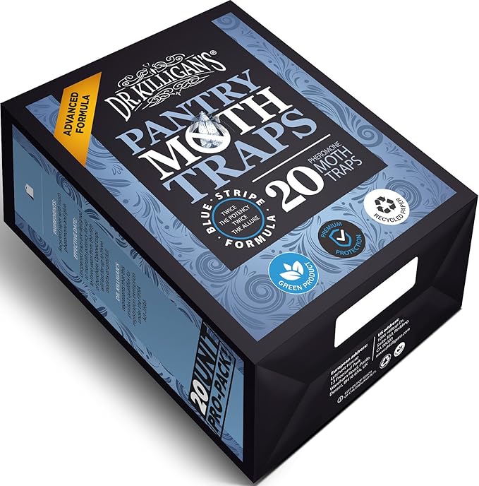 Dr. Killigan's Premium Double Potent Pantry Moth Traps with Pheromones Prime, Sticky Indian Meal Moth Traps for House, How to Get Rid of Moths in House (20 Pack, Blue)