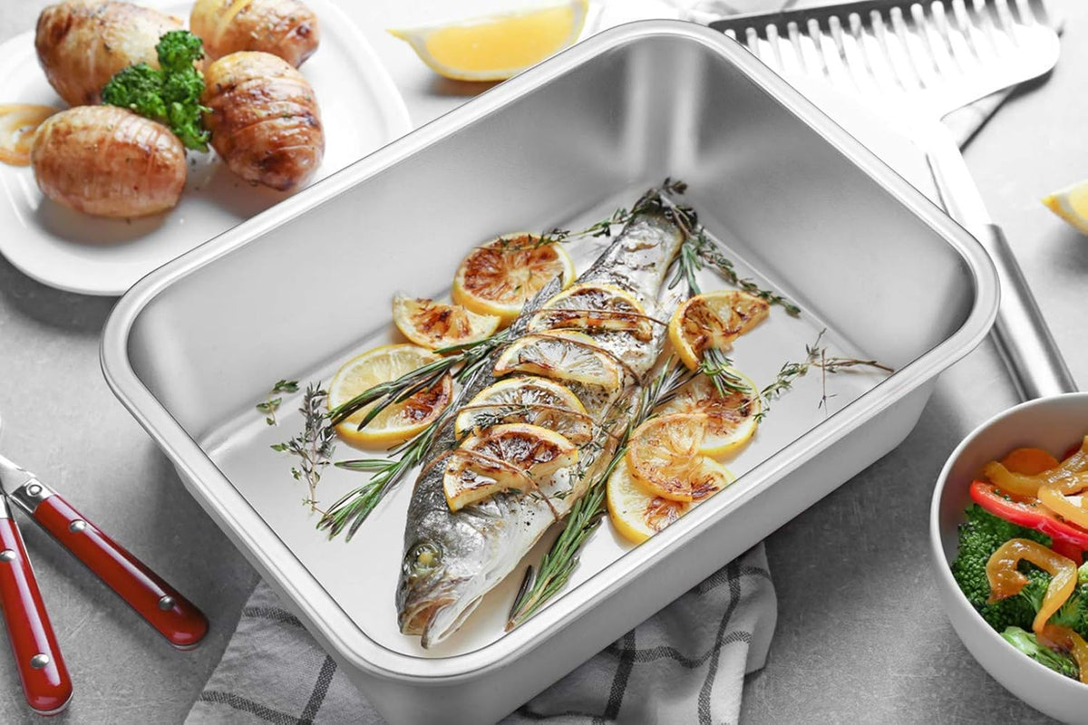 Deep Lasagna Pan, E-far Stainless Steel Rectangular Roasting Baking Pans, 12.75 x 10 x 3.2 Inches Roaster Baking Dish, Non-Toxic & Heavy Duty, Dishwasher Safe
