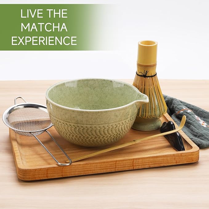 Matcha Whisk Set,7 Pcs Ceramic Set Includes Matcha Bowl,Matcha Whisk and Holder, Bamboo Scoop, Scoop Rest, Sifter and Tea Towel, Perfect Kit for Matcha lovers