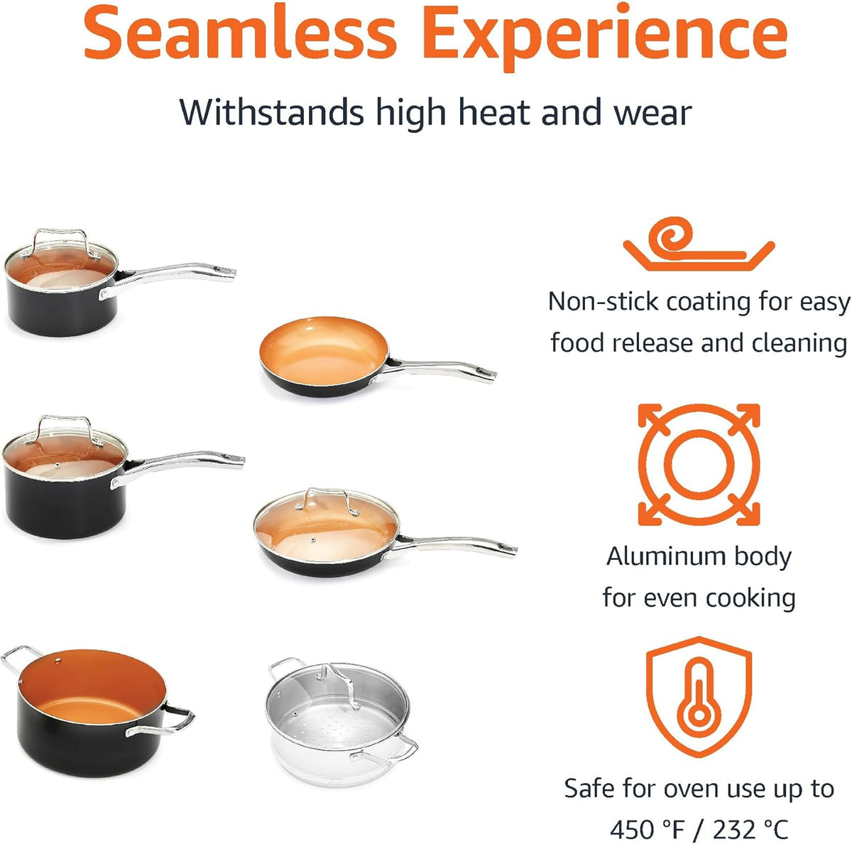 Amazon Basics Ceramic Nonstick Pots and Pans Cookware Set, Dishwasher & Oven Safe, Even Heating, 10-Piece Set, Copper Color