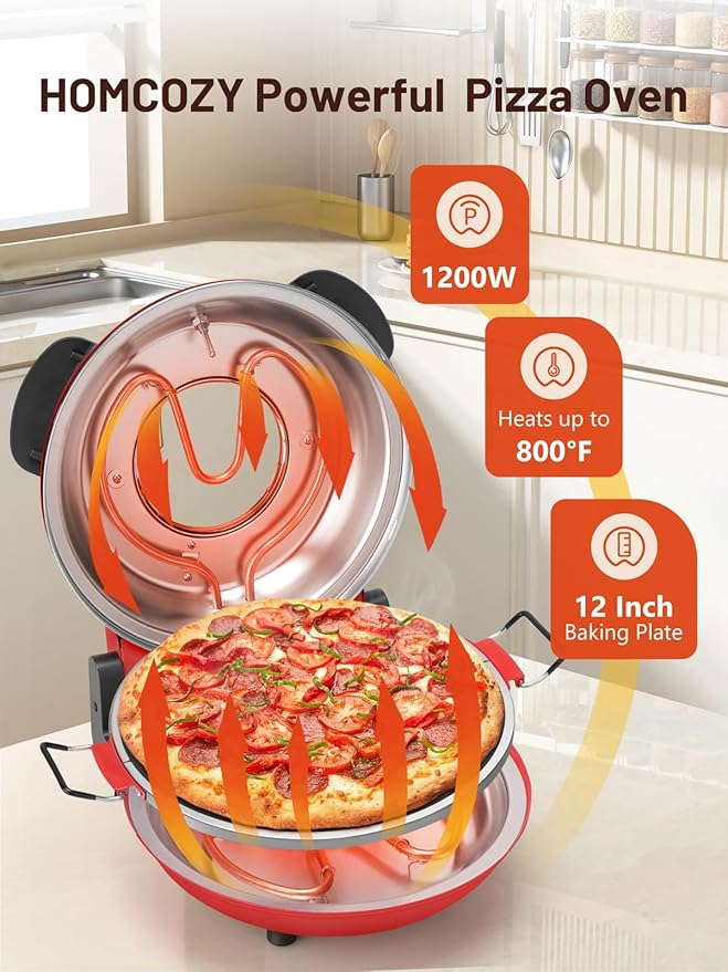 Electric Pizza Oven Indoor with Glazed Ceramic Stone, 12-Inch Portable Countertop Pizza Maker with Adjustable Timer, 1200W Heat up to 800°F Pizza Maker with Viewing Window for Home DIY Pizza