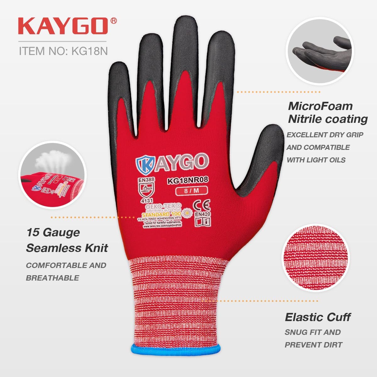 Safety Work Gloves MicroFoam Nitrile Coated-12 Pairs,KAYGO KG18NB,Seamless Knit Nylon Glove with Black Micro-Foam Nitrile Grip,Ideal for General Purpose,Automotive,Home Improvement,Red
