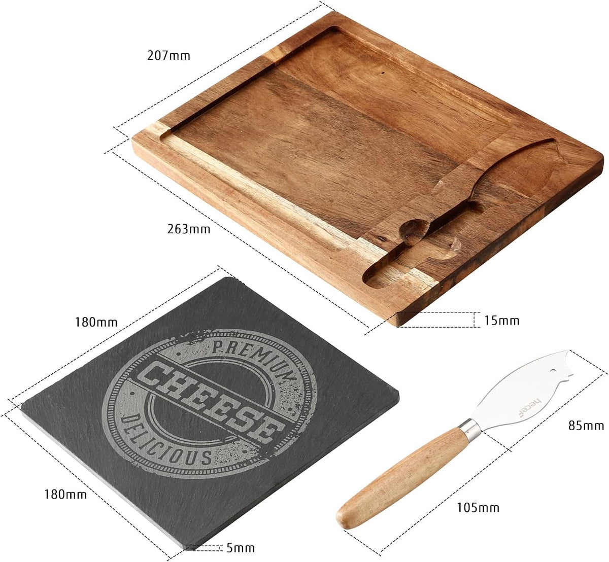 hecef Acacia Wood Cheese Board Set with Black Slate & Cheese knife, Wooden Charcuterie Platter & Serving Tray for Cheese, Crackers and Meat