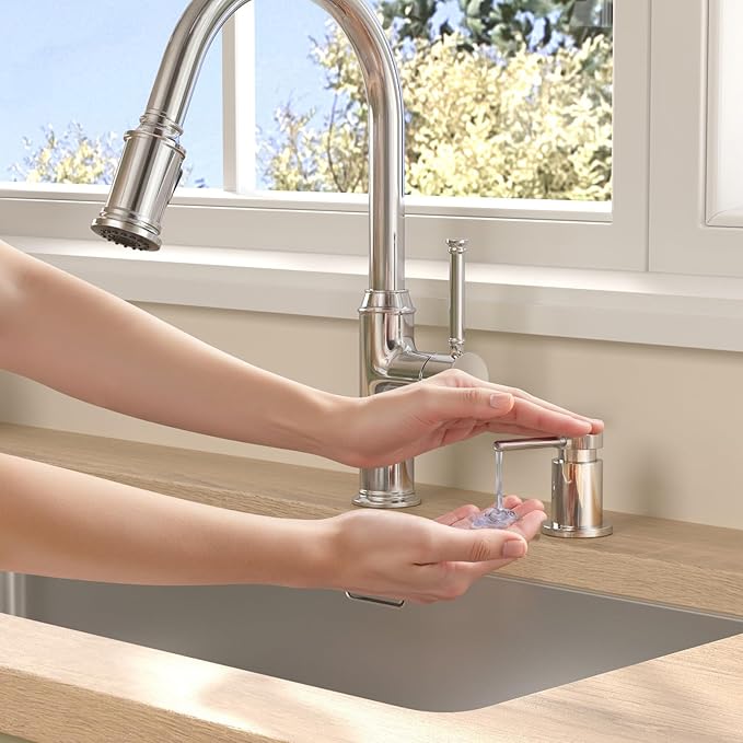Lava Odoro Chrome Soap Dispenser for Kitchen Sink, Modern Brass Built in Countertop Pump Dispenser with 18 Oz Refillable Bottle, Kitchen Soap and Lotion Dispenser Spot-Free, Chrome, KSD-21