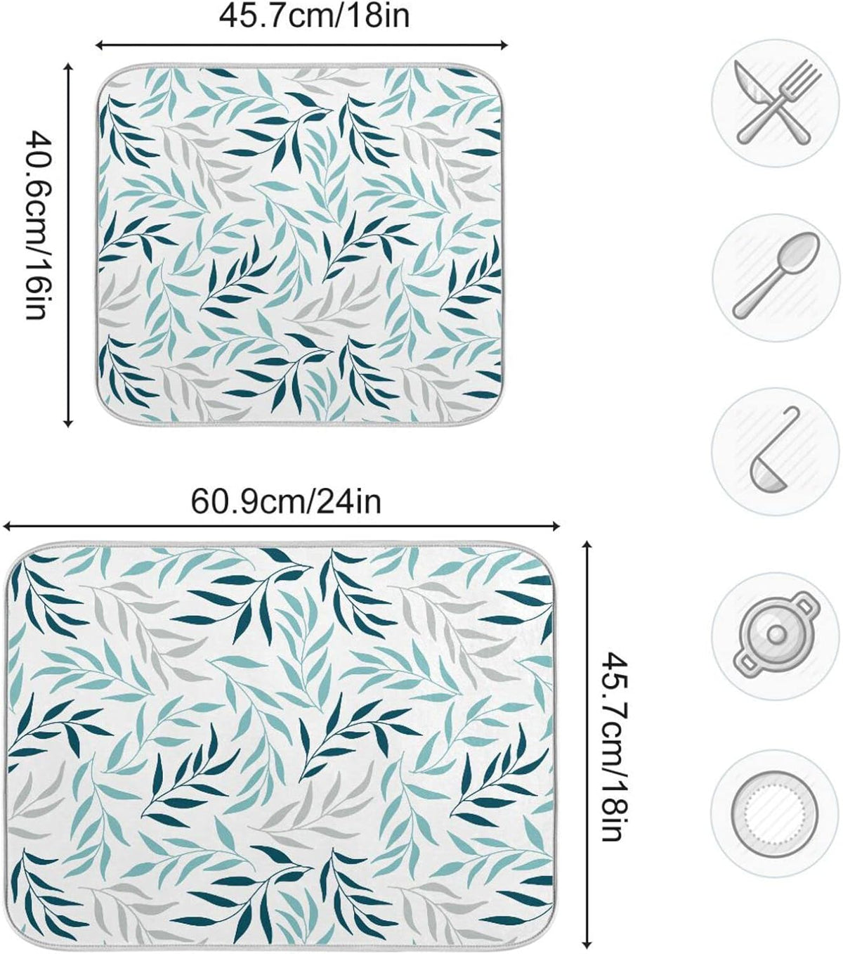 Blue Grey Olive Leaves Dish Drying Mat for Kitchen Counter Absorbent Microfiber Drying Pad, Large 18x24 in, Reversible Drainer Mats