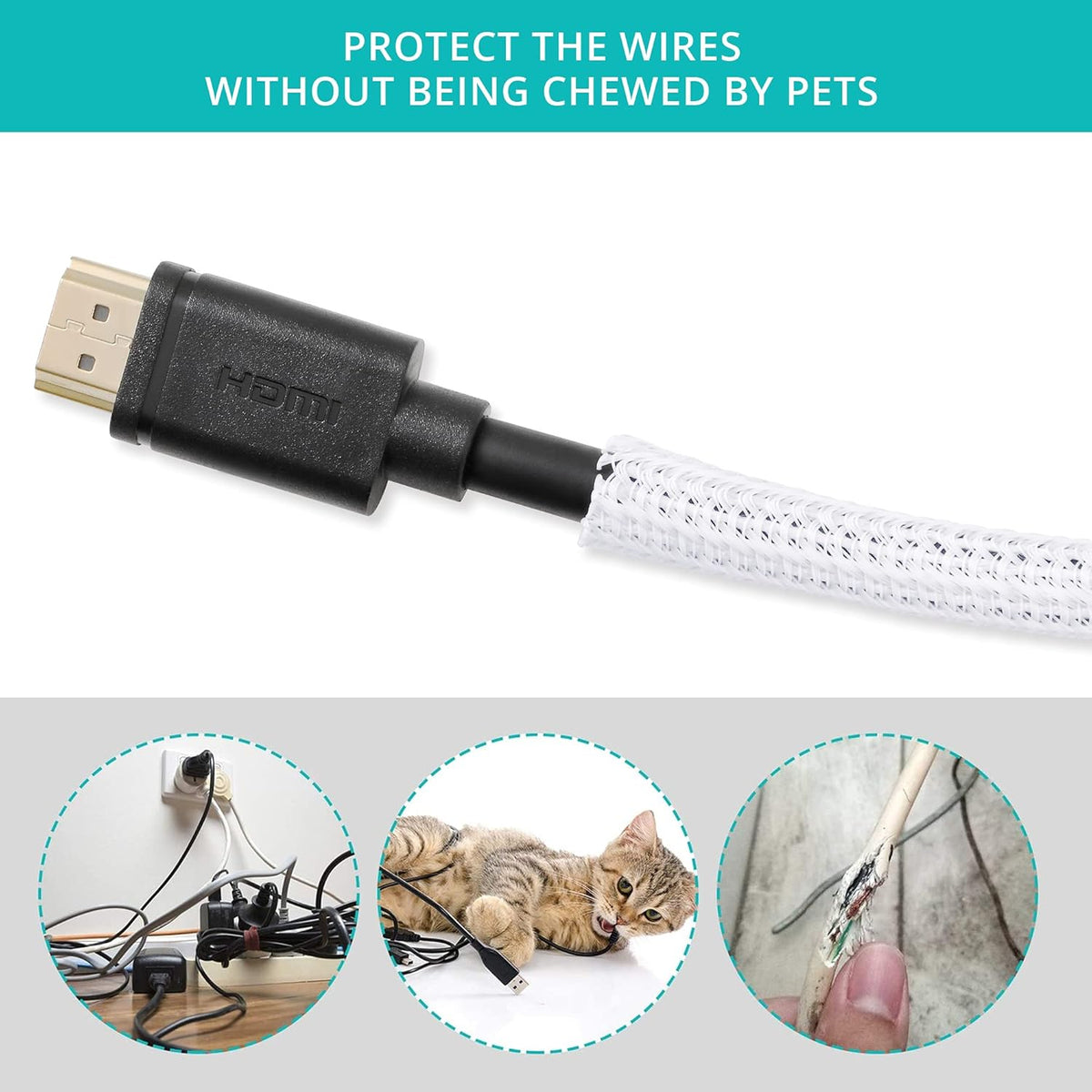 20ft - 1/4 inch White Cable Sleeve, Cable Organizer for Desk PC TV Computer, Wire Protector Cable Wrap Cover, Cord Management for Home Office