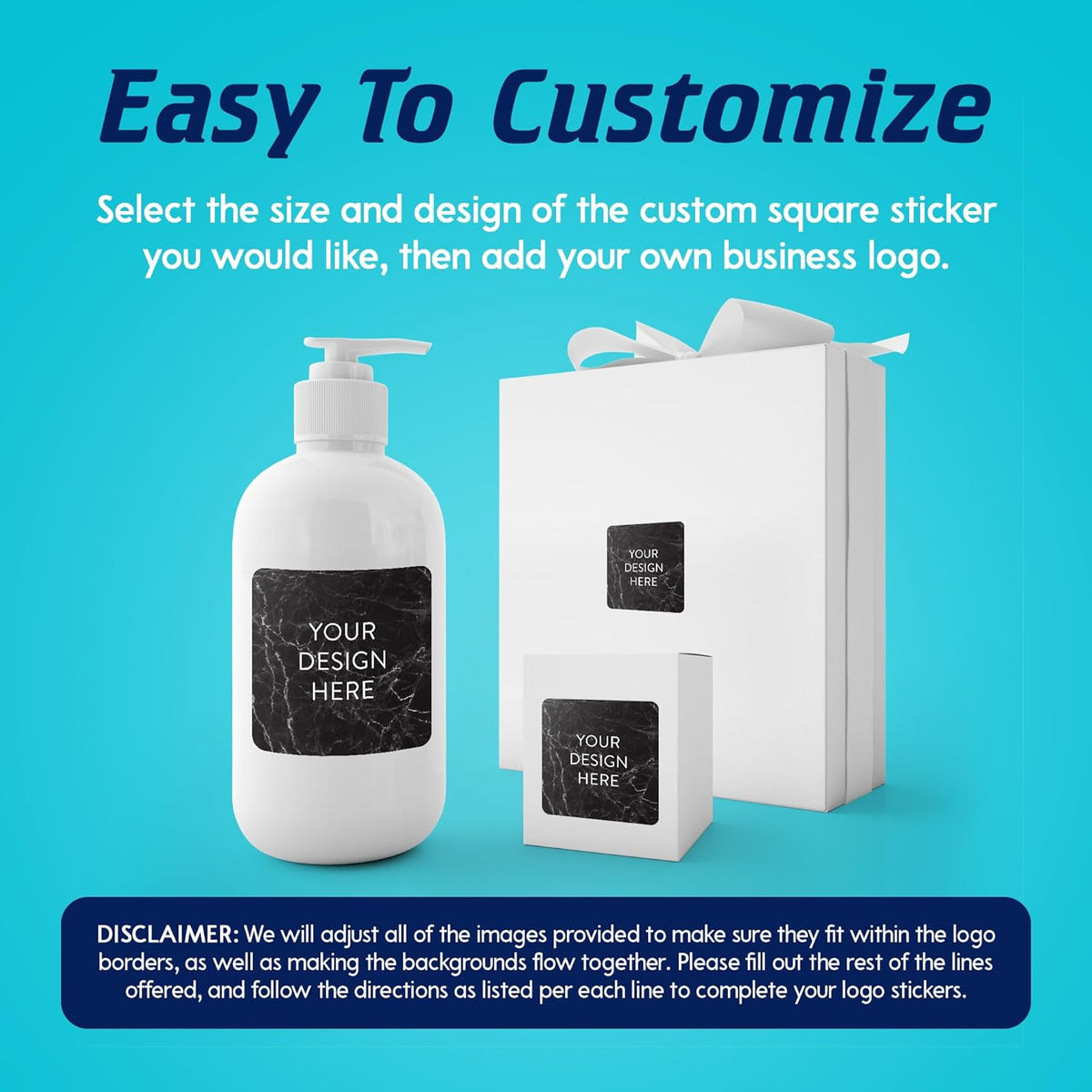 100 Custom Vinyl Stickers - Upload Your own Image, Text, Design, Logo - Personalized Logo Labels for Handmade, Packaging, Bottle, Jars, Candle, Brand Stickers (Black Marble, 1.5x1.5 Square)