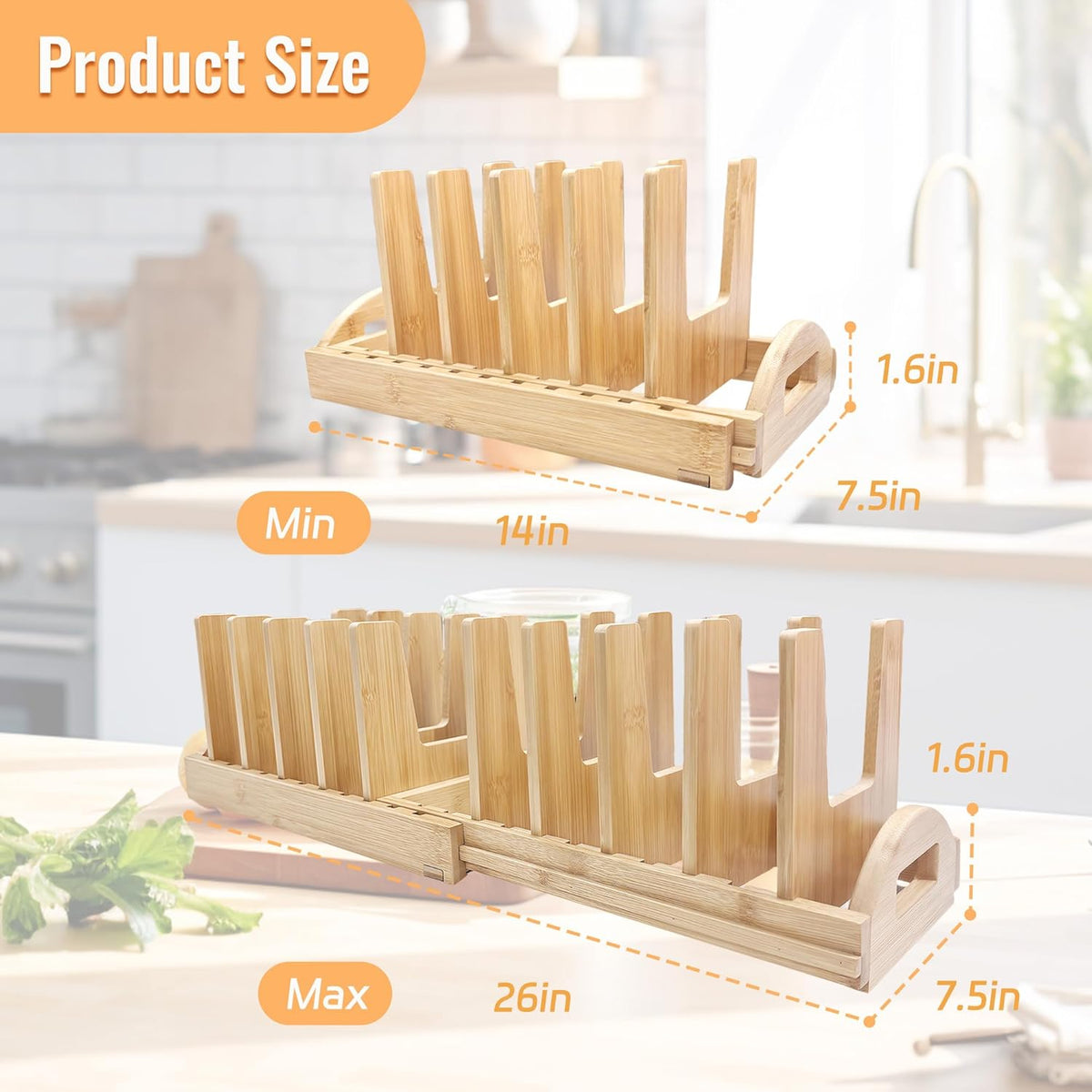 Pots and Pans Organizer Rack for Cabinet, Bamboo Expandable Pot Lid Organizer Holder with 10 Adjustable Compartment, Kitchen Cabinet Organizer for Lids & Bakeware - Pantry & Countertop Storage Rack