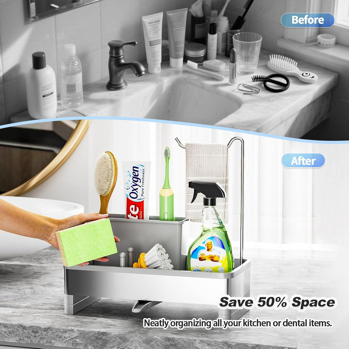 Stainless Steel Sink Caddy, Sponge Holder for Kitchen Sink with Brush Holder & Dishcloth Rack, Rustproof Sink Organizer Countertop, Kitchen Organizers Storage Essentials (F-Gray)
