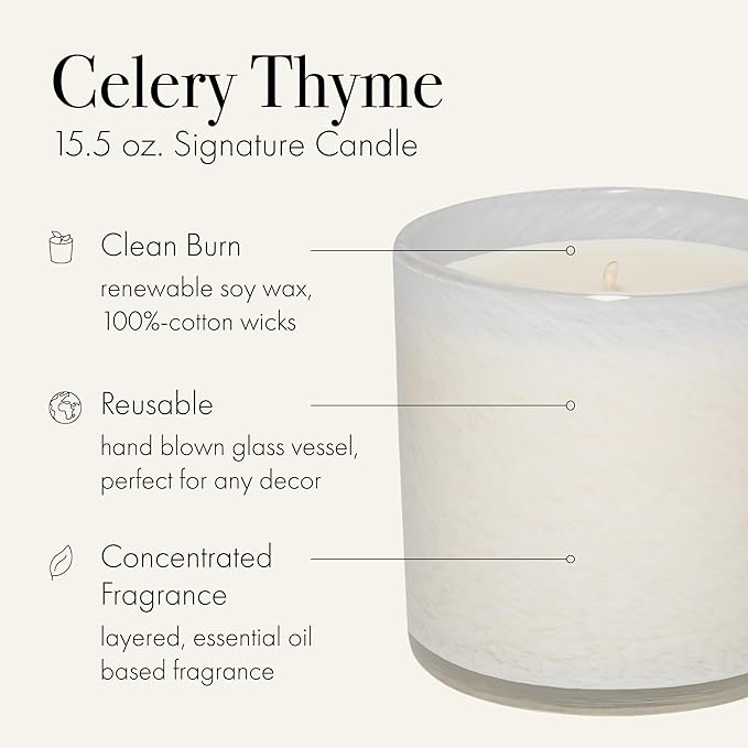 LAFCO New York Signature Candle, Celery Thyme - 15.5 oz - 90-Hour Burn Time - Reusable, Hand Blown Glass Vessel - Made in The USA