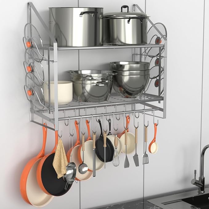 VyGrow 28 Inch Pot Rack Wall Mounted, 2 Tier Pots and Pans Organizer with 20 Hooks and 6 Pot Lid Holders, Heavy Duty Steel Pot and Pan Hanger for Kitchen Cookware Utensils Storage, Silver