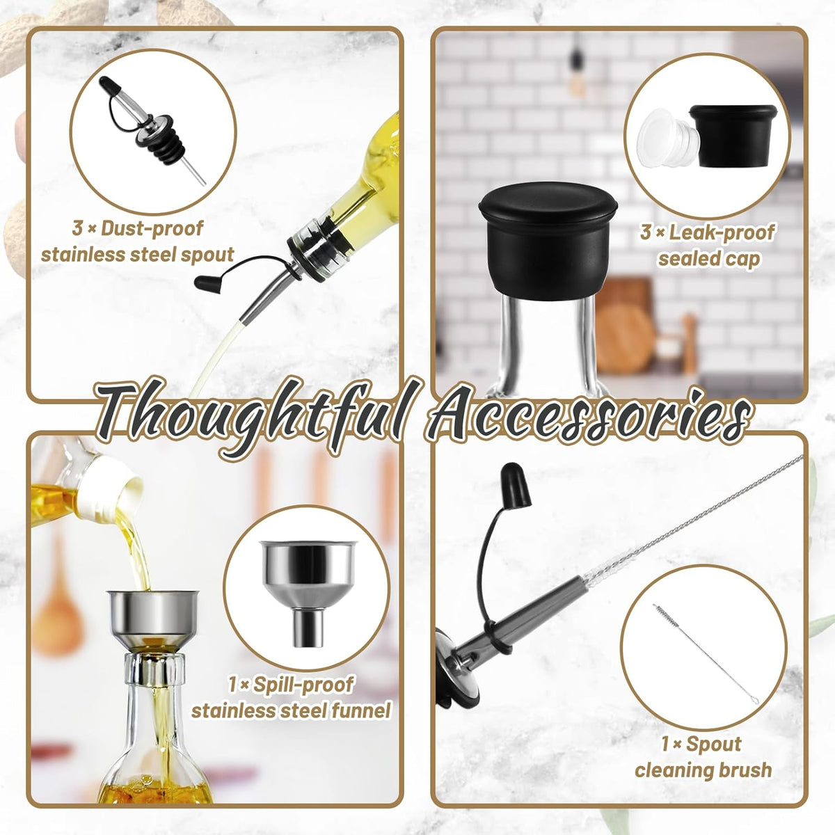 3-Pack Glass Oil Dispensers 500ML/17OZ, Oil and Vinegar Bottles Set with Stainless Steel Pourers, Brush, Funnel, Seal Caps (Square)