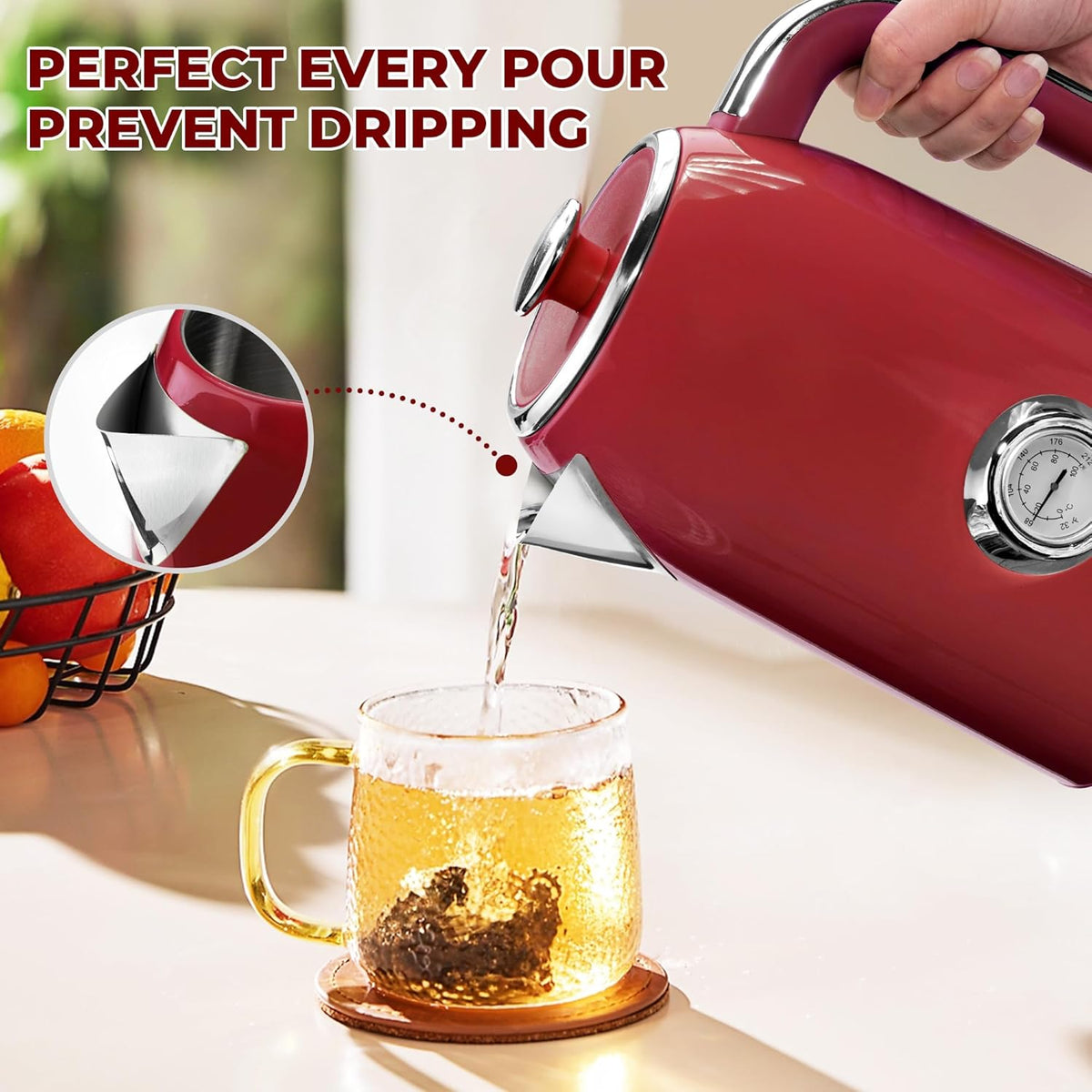 SUSTEAS Electric Kettle - 57oz Hot Tea Water Boiler with Thermometer, 1500W Fast Heating Stainless Steel Pot, Cordless LED Indicator, Auto Shut-Off & Boil Dry Protection, Red