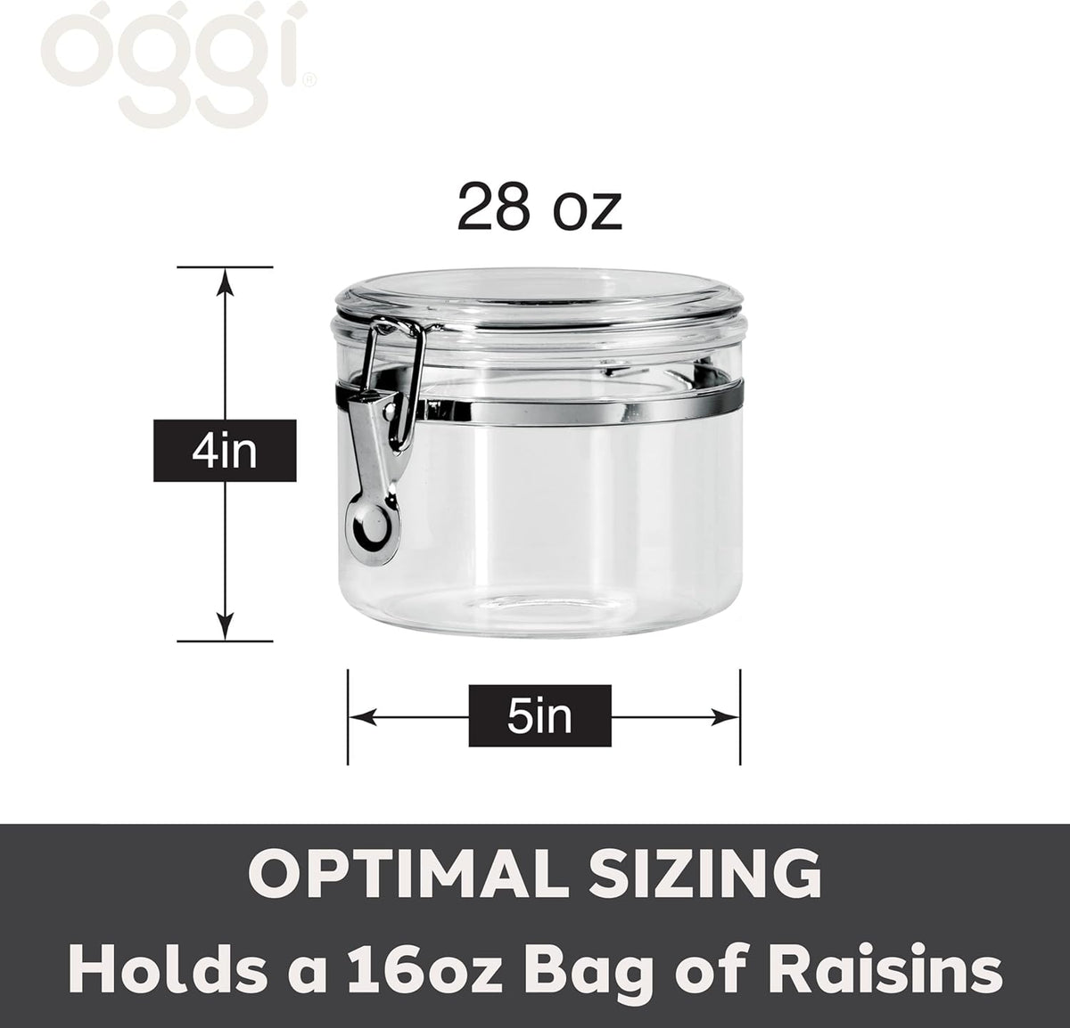 Oggi Clear Canister with Clamp Lid, 28 oz - Large Airtight Food Storage Container, for Kitchen & Pantry Storage of Bulk, Dry Foods Including Pasta, Flour, Sugar, Coffee, Rice, Tea, Spices & Herbs