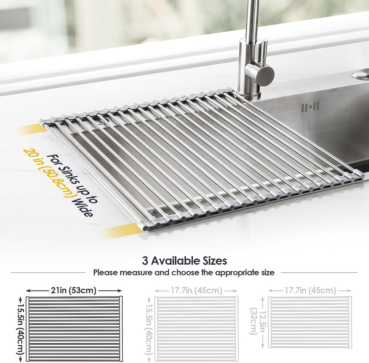Tomorotec Stainless Steel Roll-Up Dish Drying Rack Marble Color Silicone Edges, Foldable Kitchen Rack Heat Resistant Trivet Supports up to 70 lbs, Food Safe for Dishes, Cookware & More