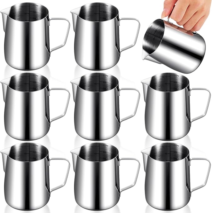 Dandat 8 Pcs Milk Frothing Pitcher Espresso Steaming Pitchers 12 Oz Stainless Steel Milk Steamer Cup Frother Jug for Espresso, Latte Art, Chai Cappuccino Hot Chocolate