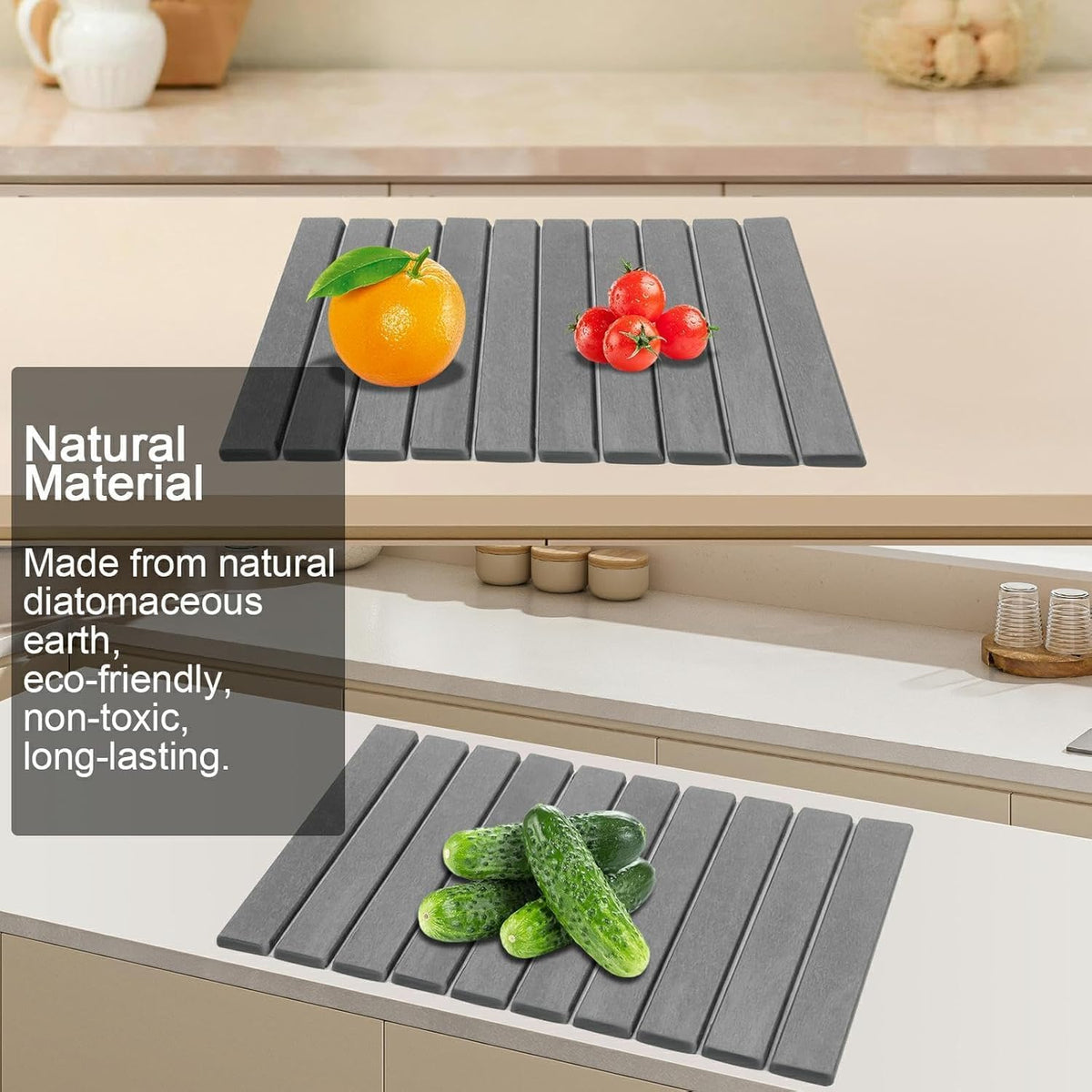 Stone Drying Mat for Kitchen Counter, Stone Dish Drying Mat Foldable, Super Absorbent Diatomaceous Earth Quick-drying Draining Mat for any Kitchen Countertop (Dark Gray B, 23.6”x15.4”)