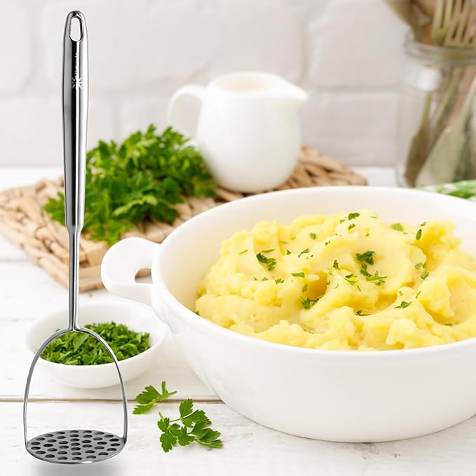 Potato Masher Stainless Steel - Mashed Potato Masher Kitchen Utensil，Potato Smasher For Potatoes, Bean, Vegetable & Fruits，Pet Food, Heavy Duty Metal Avocados Smasher Tool, Dishwasher Safe, 14 Inch