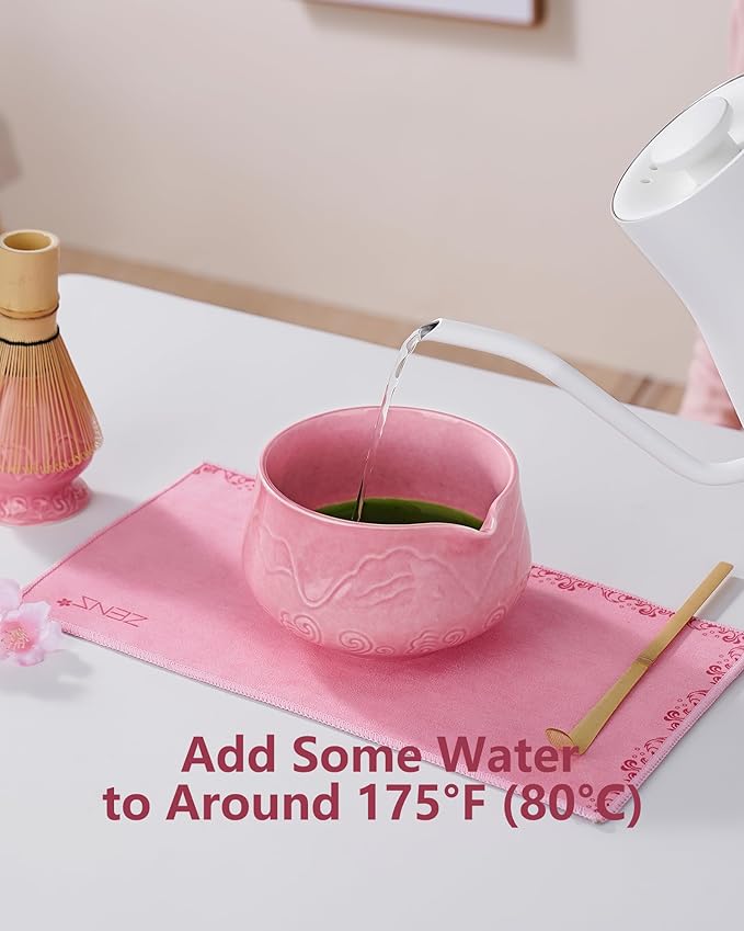ZENS Pink Matcha Set, Matcha Whisk Set Includes Ceramic Bowl, Matcha Whisk and Chasen Holder, Bamboo Scoop-Tea Towel, 5pcs Matcha Kit Set for Matcha Lovers, Sakura Pink