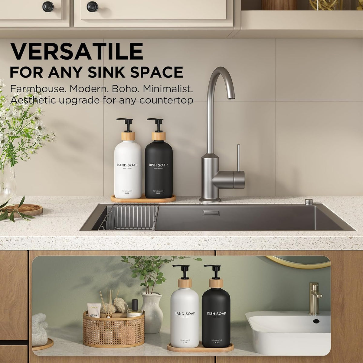 Hand and Dish Soap Dispenser Set,16oz Glass Bottles with Printed Labels, Bamboo Tray & Pump,Countertop Soap Dispensers for Kitchen,Luxury, Minimalist & Farmhouse Decor (Hand Dish (Black/White))