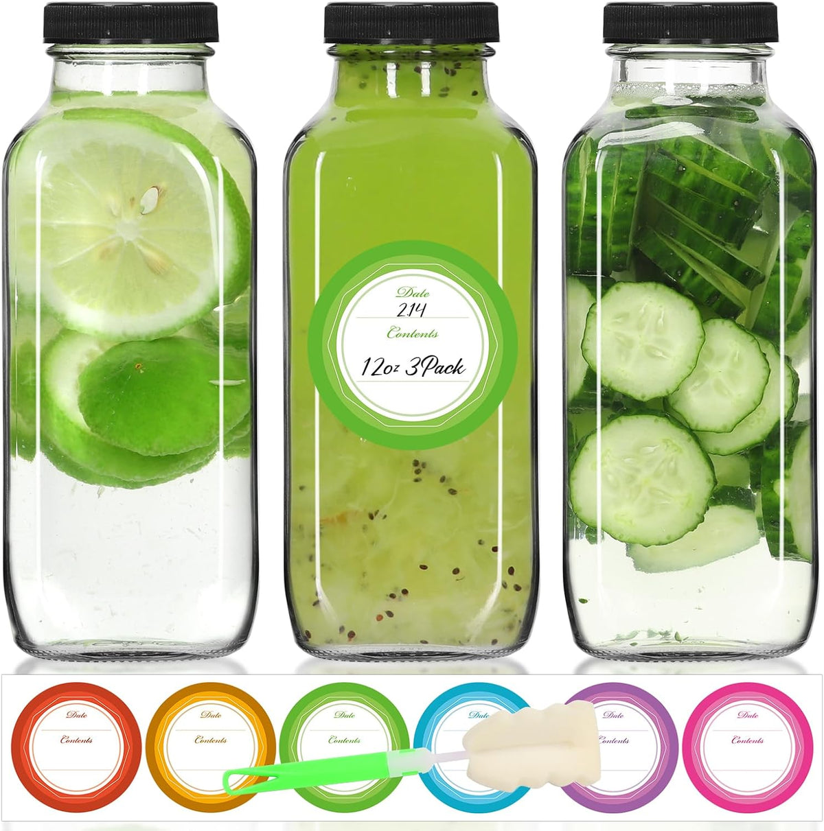 STARSIDE 12 oz 3 Pack Glass Juice Bottles with Lids - Square Reusable Drinking Jars for Juicing, Milk, Kombucha - Includes 1 Bottle Brush, 6 Colored Labels