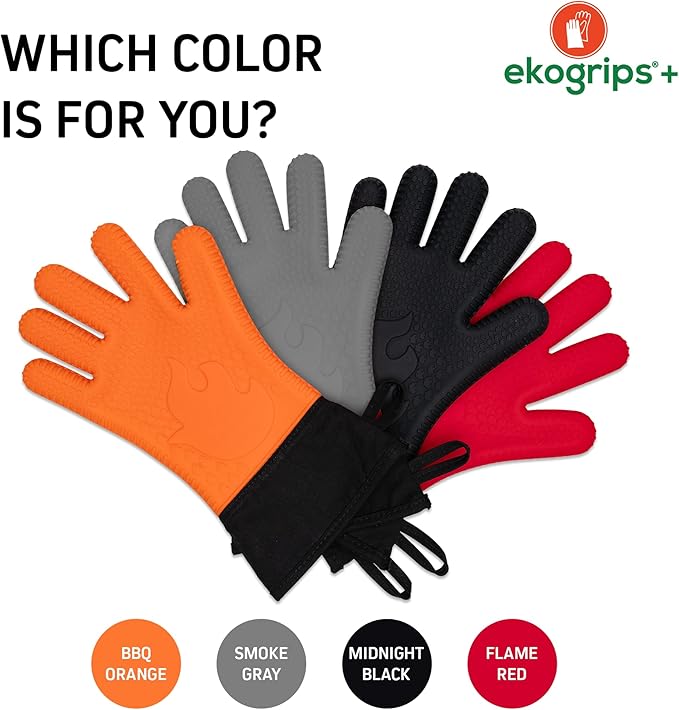 Ekogrips Plus Oven Gloves with Fingers, Comfy Waterproof Silicone Oven Mitts Heat Resistant with Long Cuff, Insulated BBQ Gloves Perfect for Grilling, Baking, Smoker, Canning, Pizza, Red, Hot Mitts