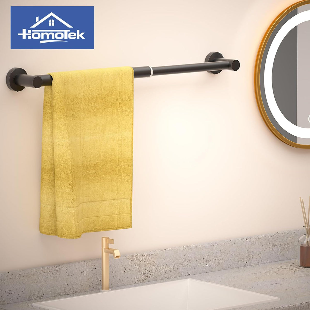 Towel Bar Adjustable Bathroom Towel Holder, HOMOTEK Size from 14 Inch to 24.5 Inch Single Towel Racks, Towel Hanger Hook for Bathroom, Kitchen(Thickened 1 Pack Matte Black)