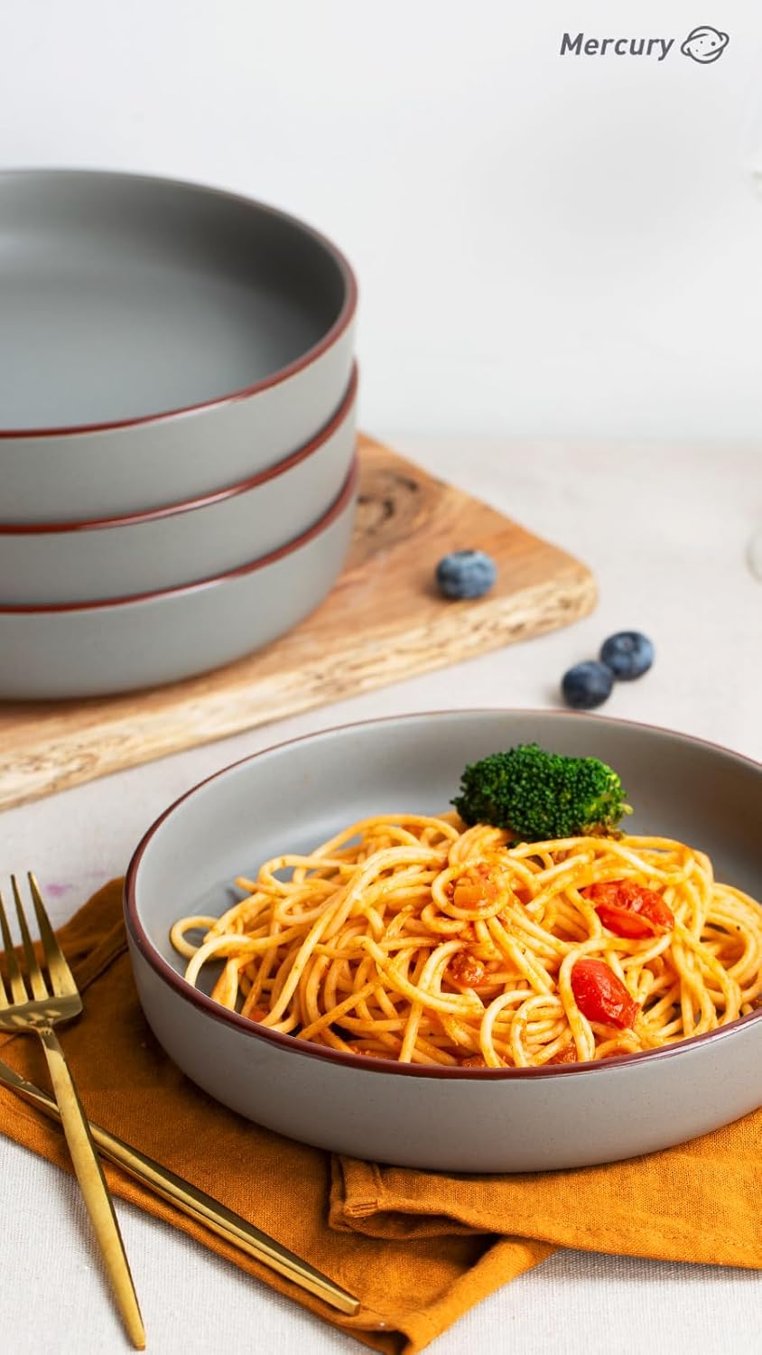 famiware Mercury Pasta Bowls Set of 4, 33 oz Large Salad Bowls, Ceramic Pasta Plates Bowls, Serving Bowls for Kitchen, Microwave & Dishwasher Safe, Dark Gray