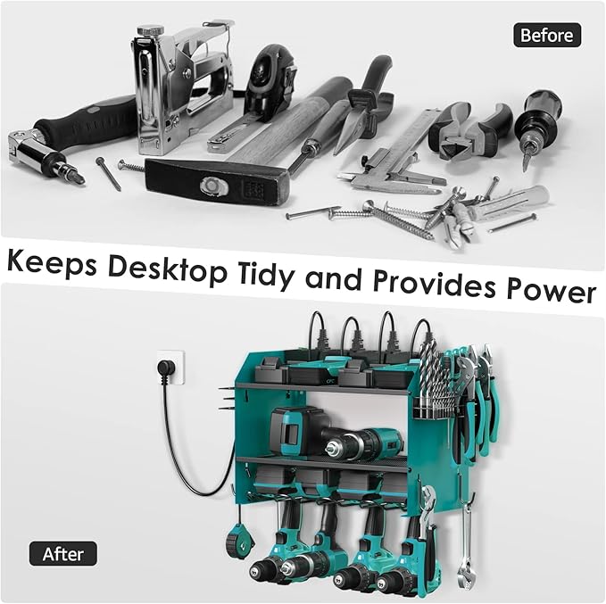 CCCEI Modular Power Tool Organizer Wall Mount with Charging Station. Garage Drill Storage Shelf with Hooks, Heavy Duty Rack, Tool Battery Holder Built in 8 Outlet. Gift for Men. Navy Blue, 1 Pack.
