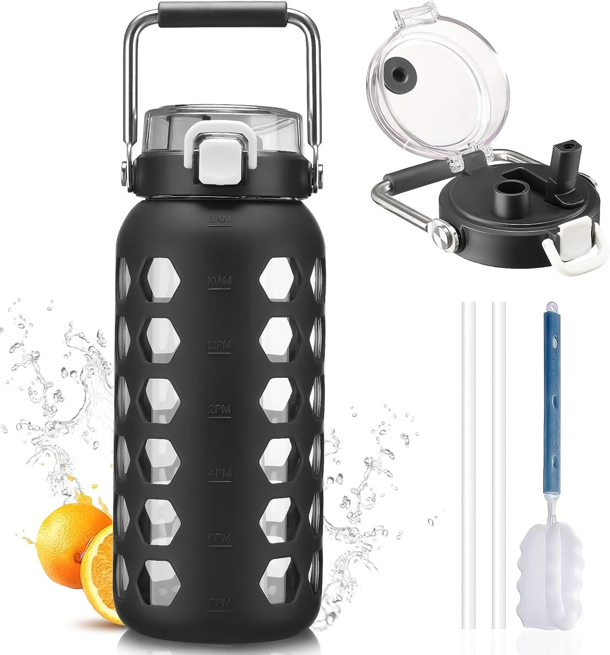 MUKOKO 64oz Glass Water Bottles with Straw and Lid,Half Gallon Water Bottle with Time Marker,Large Glass Water Jug with Silicone Sleeve and Stainless Steel Handle-Black