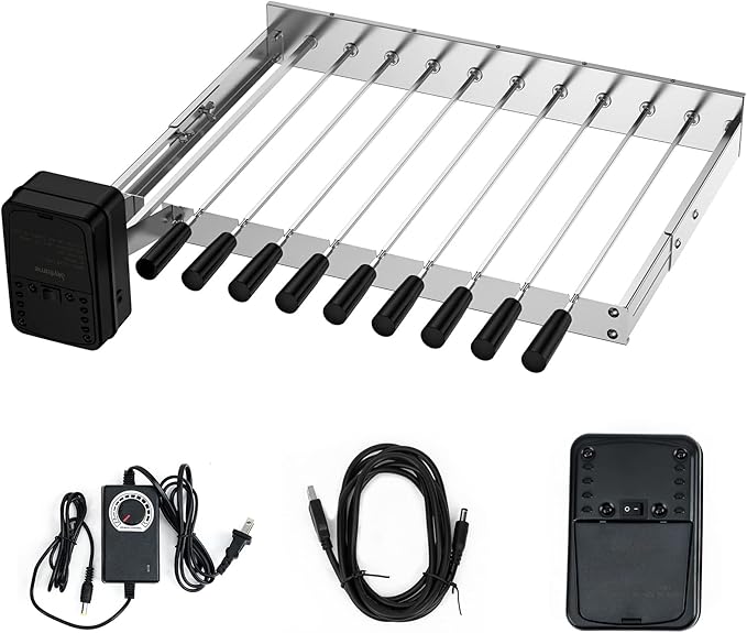 Skyflame Stainless Steel Electric Barbecue Shish Kabob Skewer Set with 9pcs Skewers, Automatic Rotating Skewer Turner with Adjustable Speed Motor and Adjustable Length Rotisserie BBQ Grill Rack