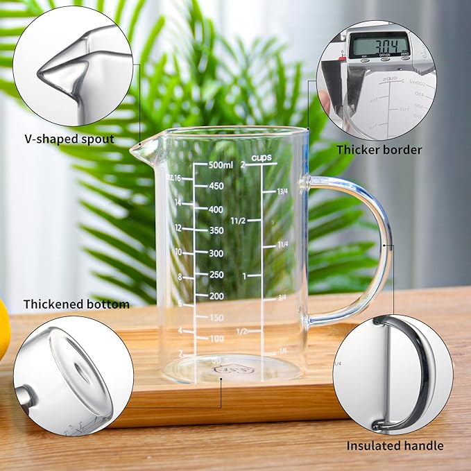 77L Glass Measuring Cup, [Insulated handle, V-Shaped Spout], High Borosilicate Glass Measuring Cup for Kitchen or Restaurant, Easy To Read, 500 ML (0.5 Liter, 2 Cup)